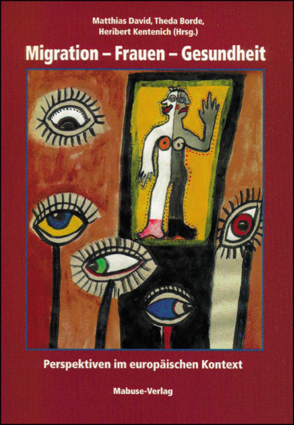 Buchcover mit gemalten Augen und einer abstrakten Frauenfigur