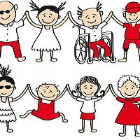 Eine Abbildungen von Strichmenschen, die sich an den Händen halten. Die Strichmenschen sind rot und weiß gekleidet. Manch einer von ihnen hat eine Gehhilfe, sitzt im Rollstuhl oder hat einen Blindenstock.
