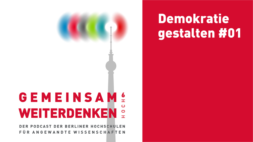 Die Grafik symbolisiert die Zusammenarbeit der sechs Hochschulen, die am Podcast "Gemeinsam Weiterdenken hoch 6" beteiligt sind.