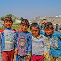 Vier Jungs lachen in die Kamera